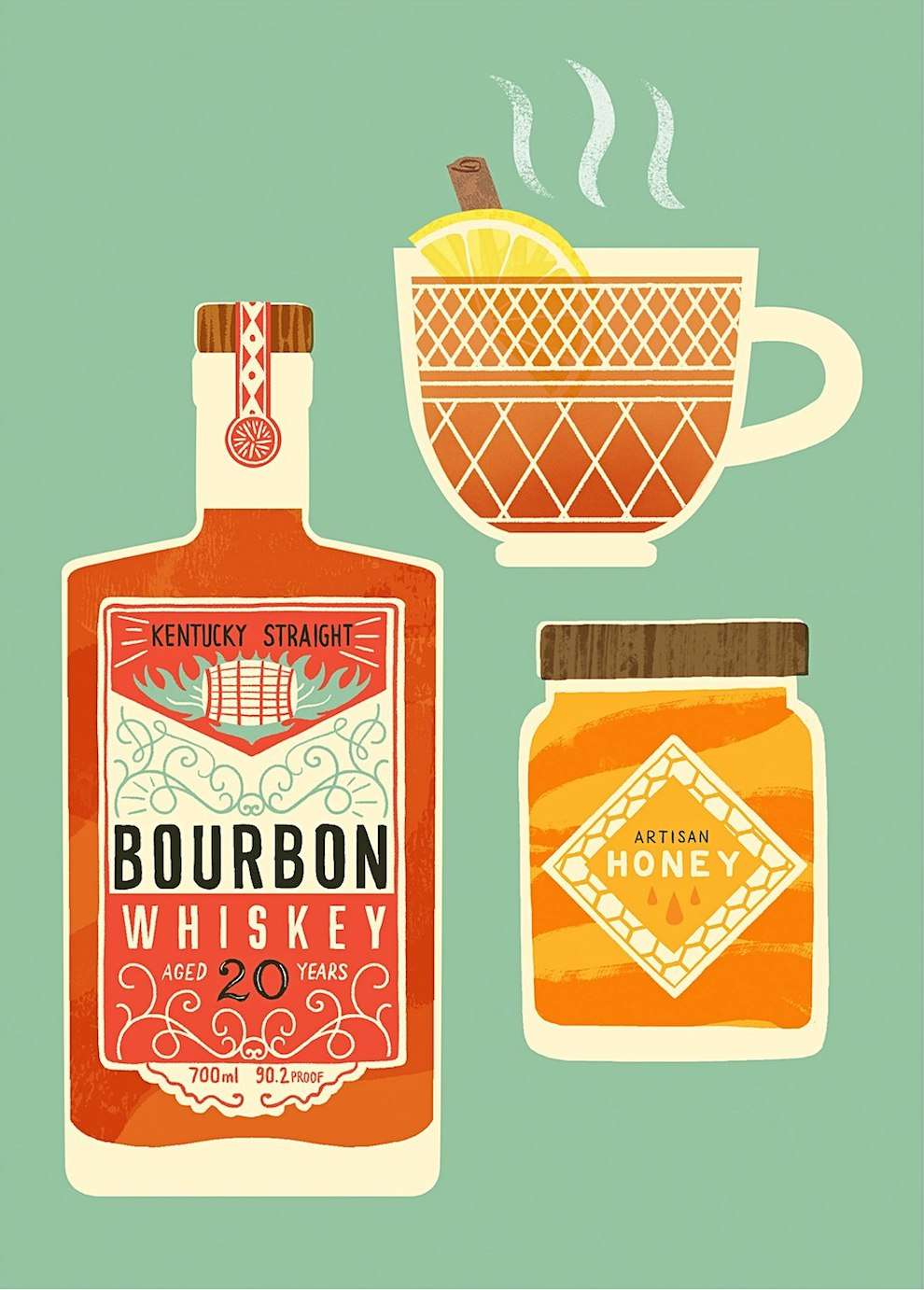 Ruby  Taylor, illustration of a Bourbon bottle. Graphic textural style. 